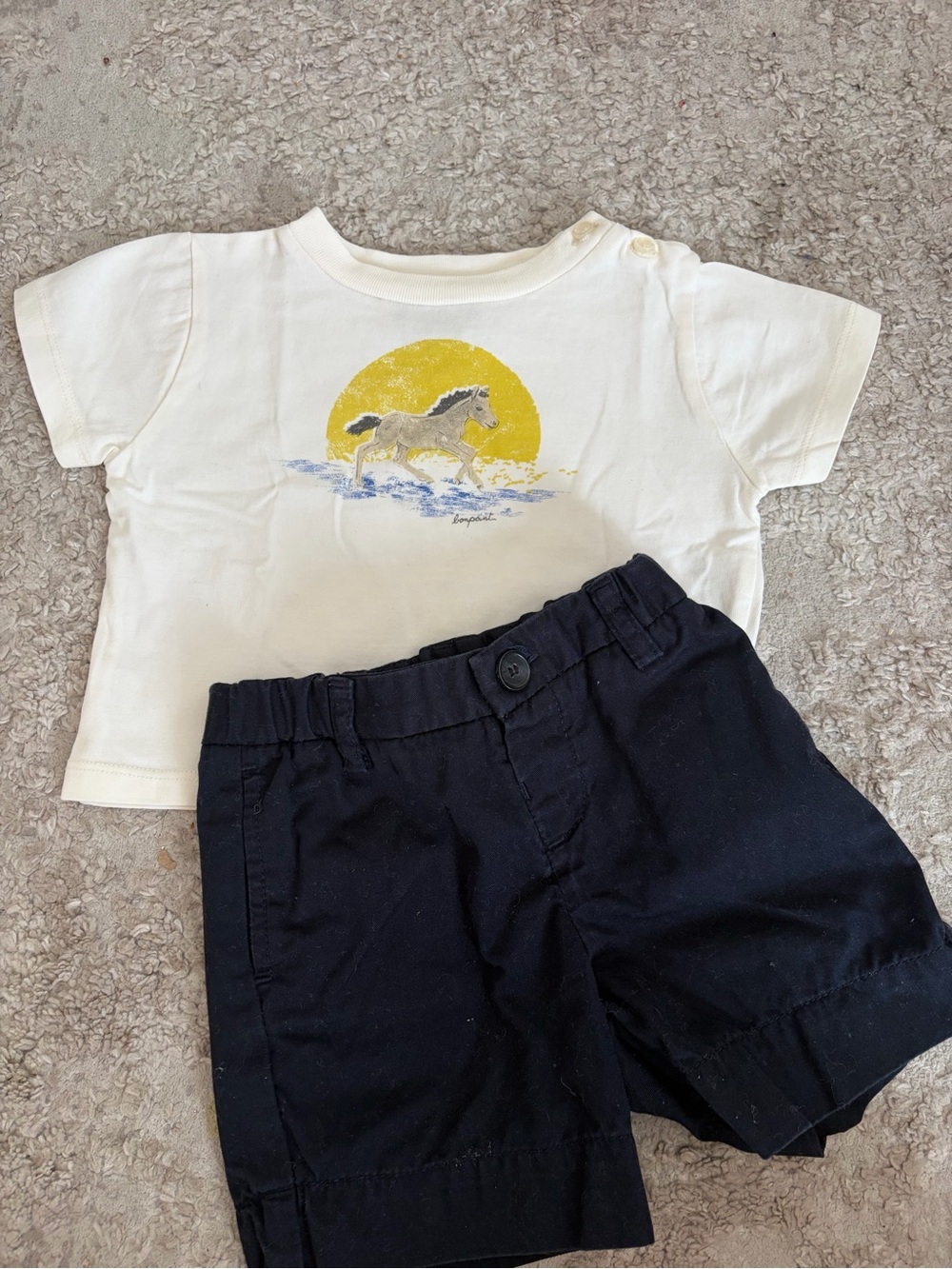 White Short-Sleeve Kids Tee with Yellow Sun & Horse Graphic